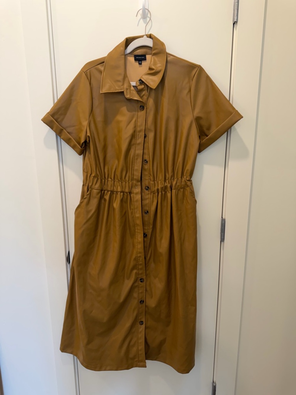 Who What Wear Faux Leather Button-Front Midi Dress in Camel